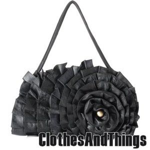 Genuine Black Leather 3-Dimensional Floral Handbag